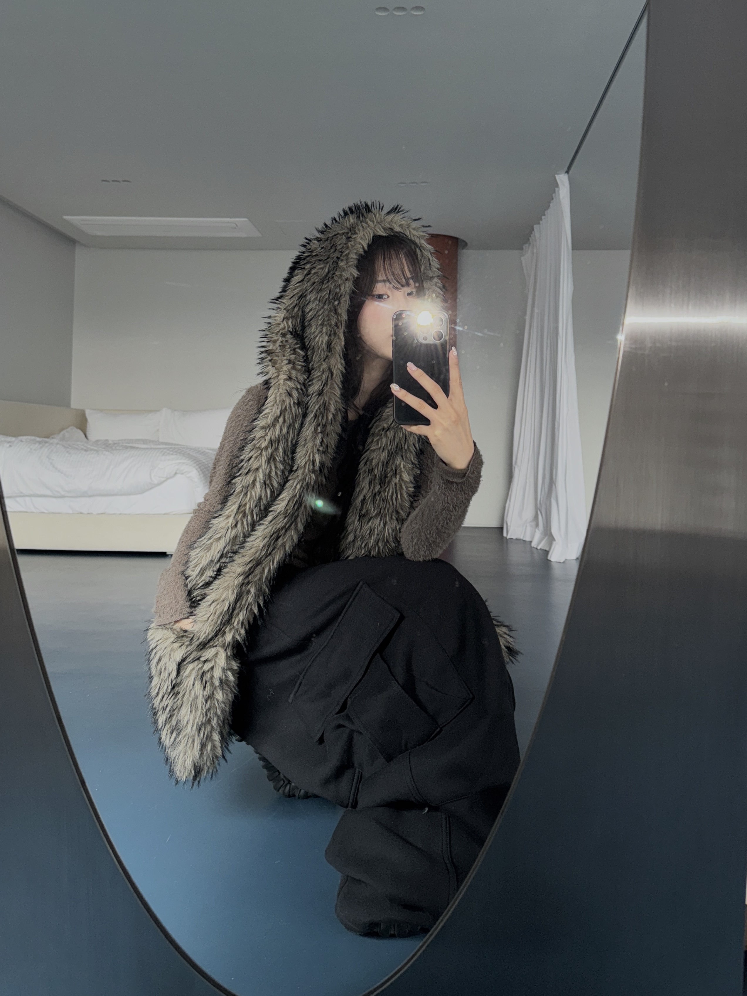 狼毛造型 連帽口袋圍巾