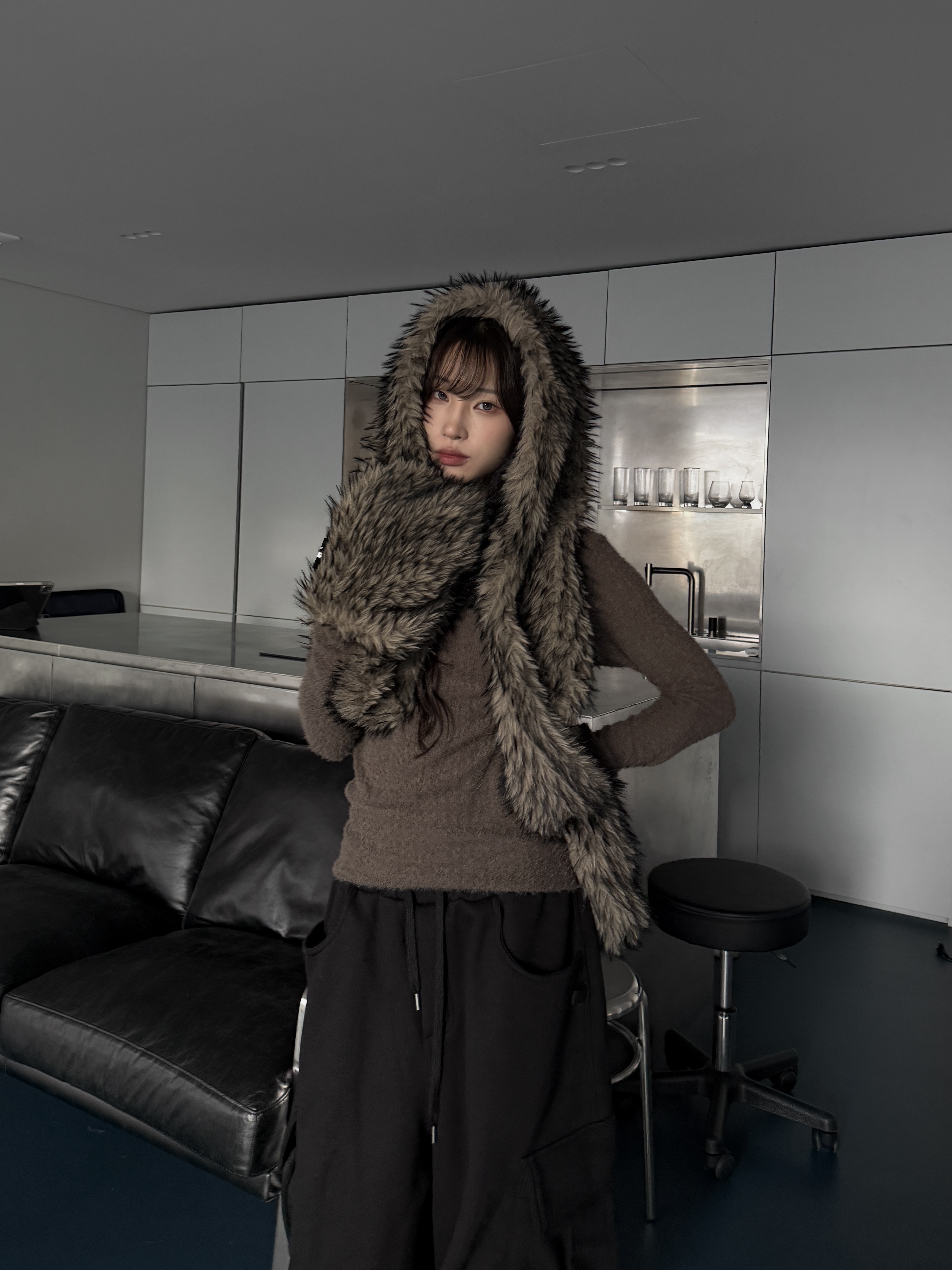 狼毛造型 連帽口袋圍巾