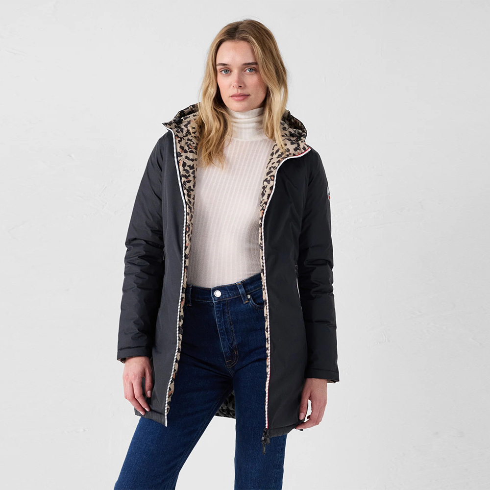 【JOTT】VER二面穿中長版羽絨外套(黑/豹紋)