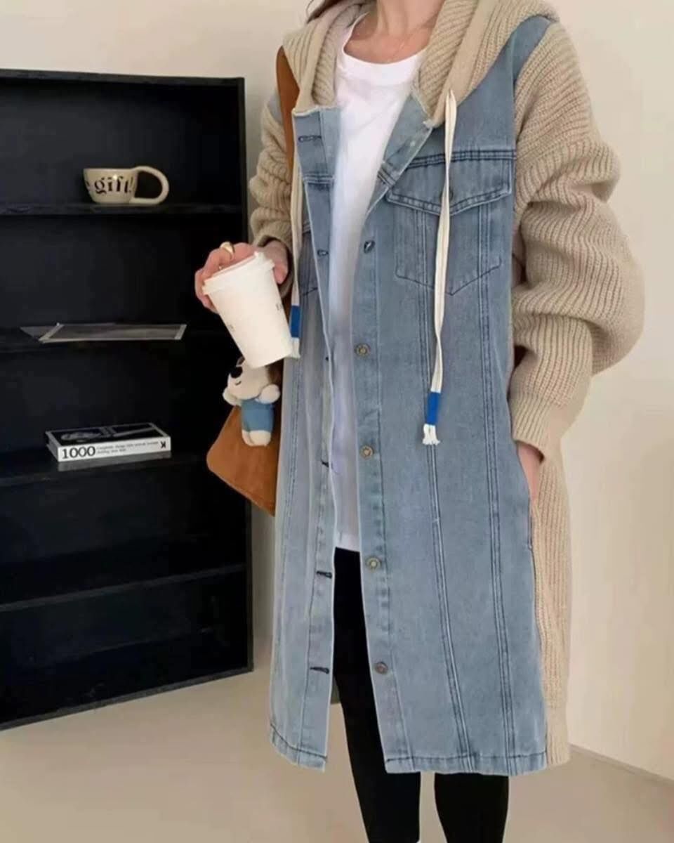 【超質感設計師風牛仔拼接針織長版外套】(現貨)