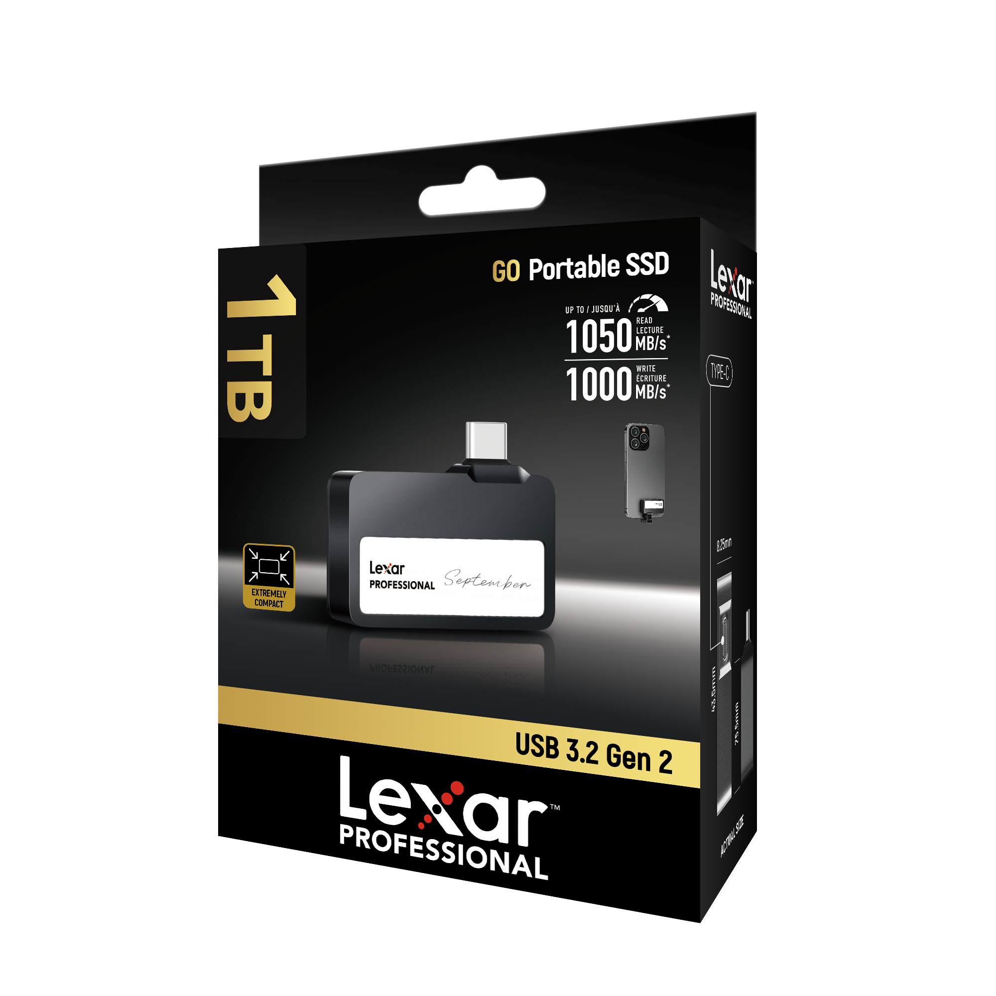 Lexar® Professional Go Portable SSD - SL400 1TB USB 3.2 Gen2 Type-C(up to 1050MB/s read, up to 1000MB/s write)