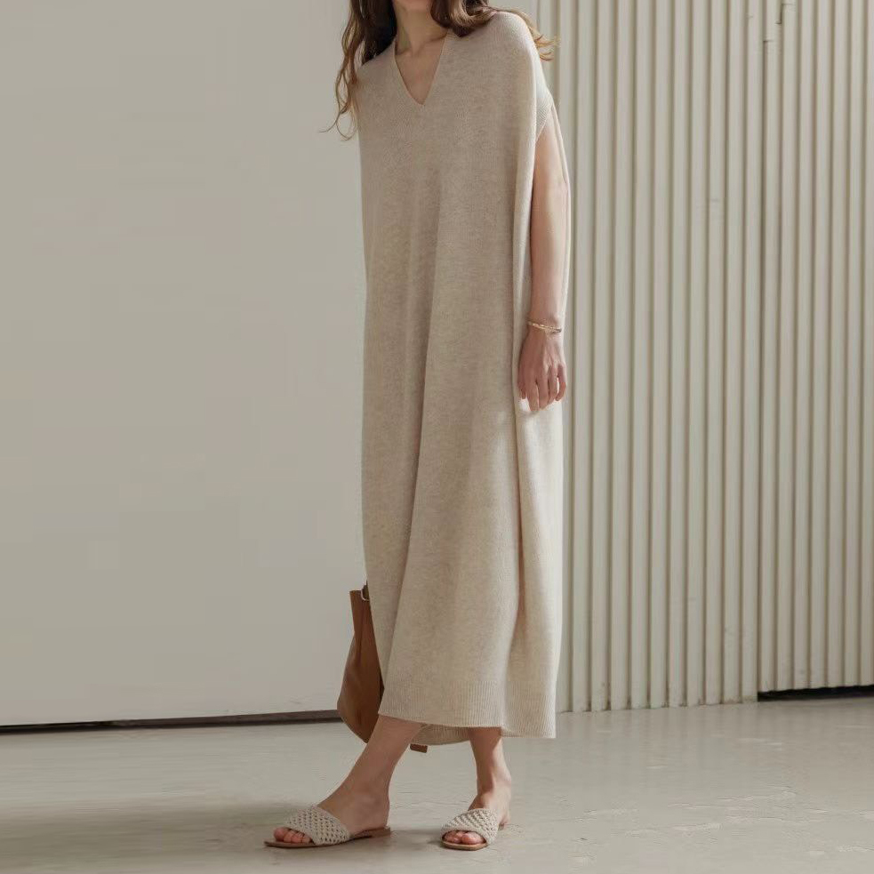 優雅女子V領落肩飛鼠袖造型長洋裝 / 3色