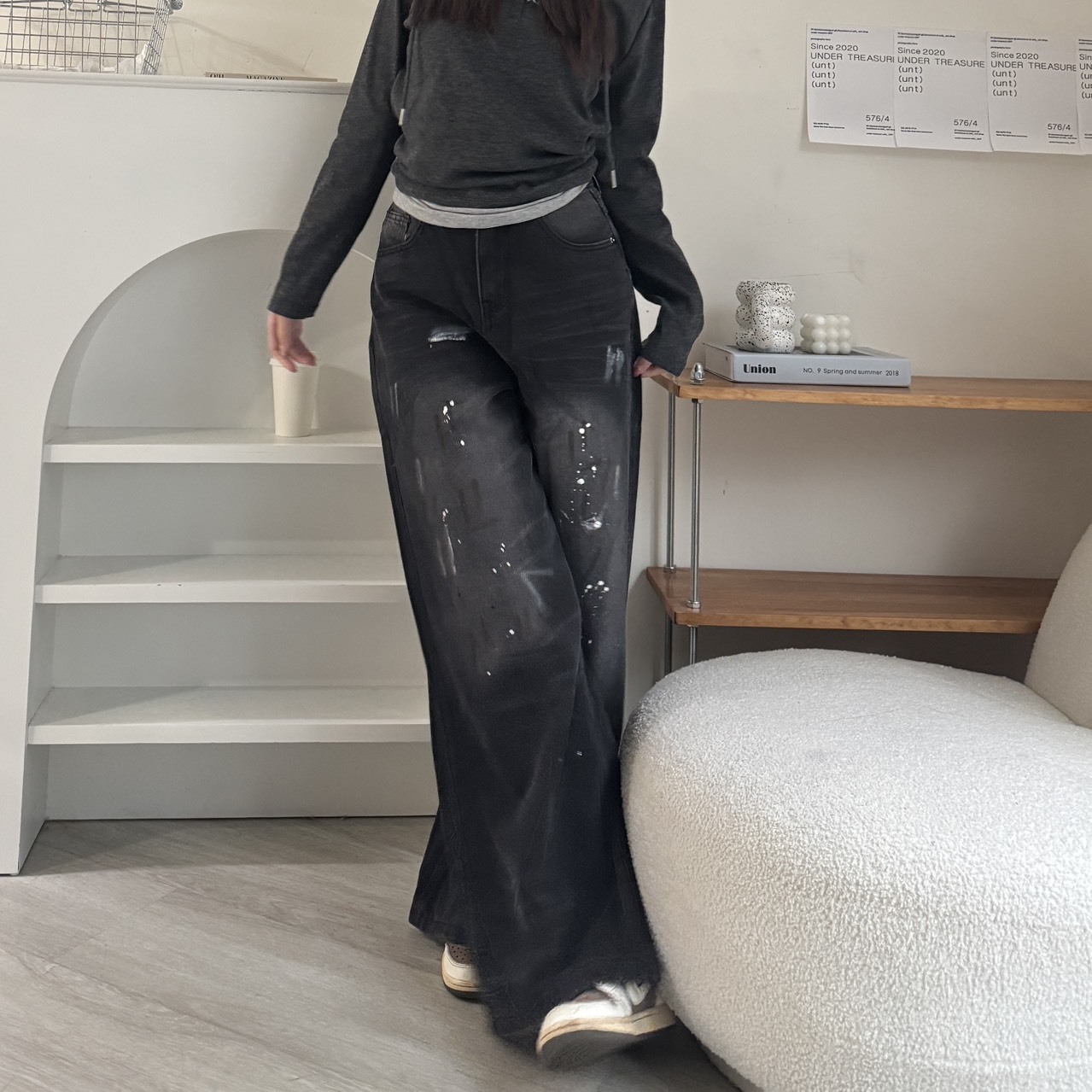 A80073率性牛仔潑墨擴腿褲