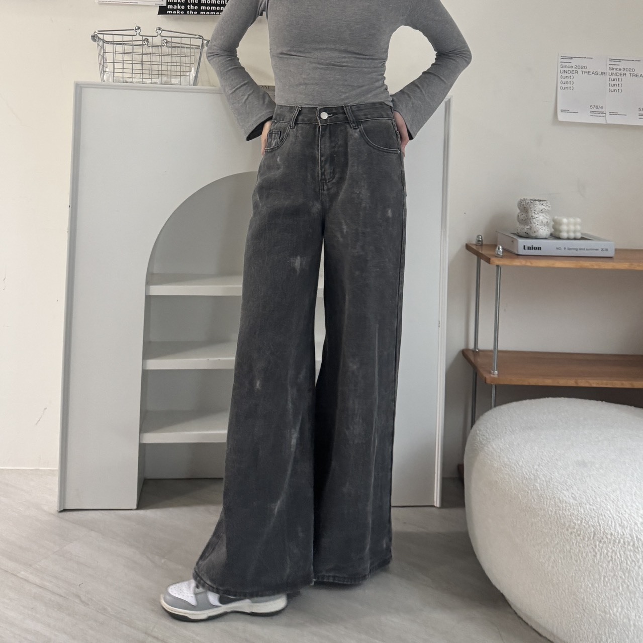 遮肉顯瘦!作舊渲染喇叭褲