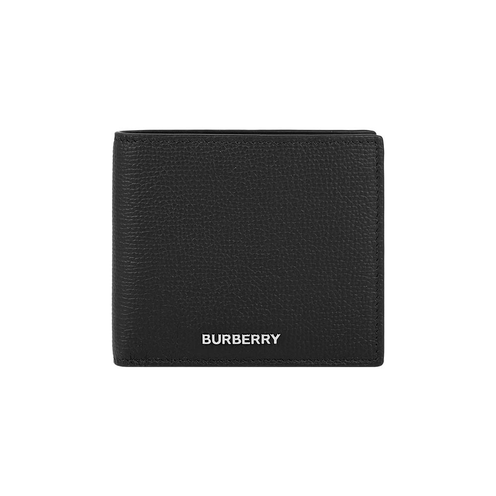 【Burberry】銀色Logo 紋理牛皮對開8卡短夾(黑色)