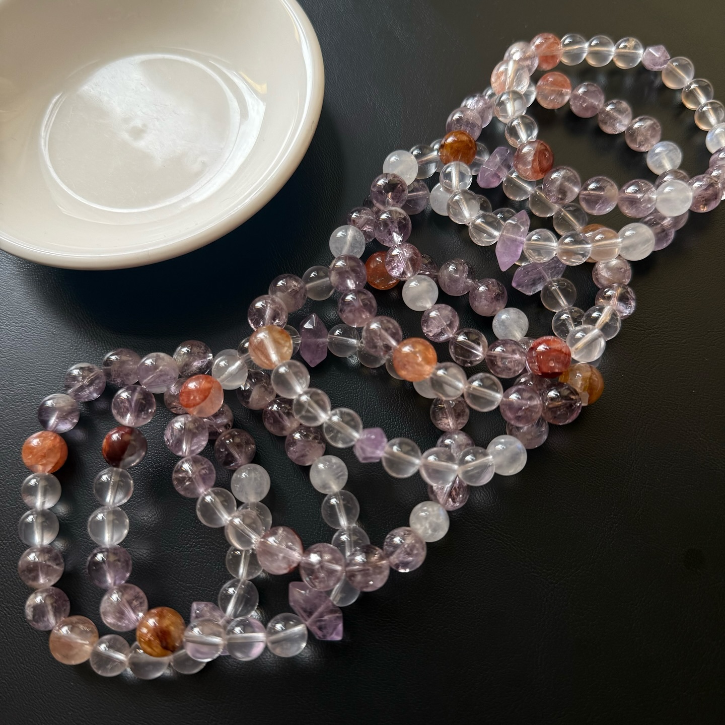 [原石] 紫阿賽＋月光石＋膠花水晶＋星光粉晶 設計款水晶手串