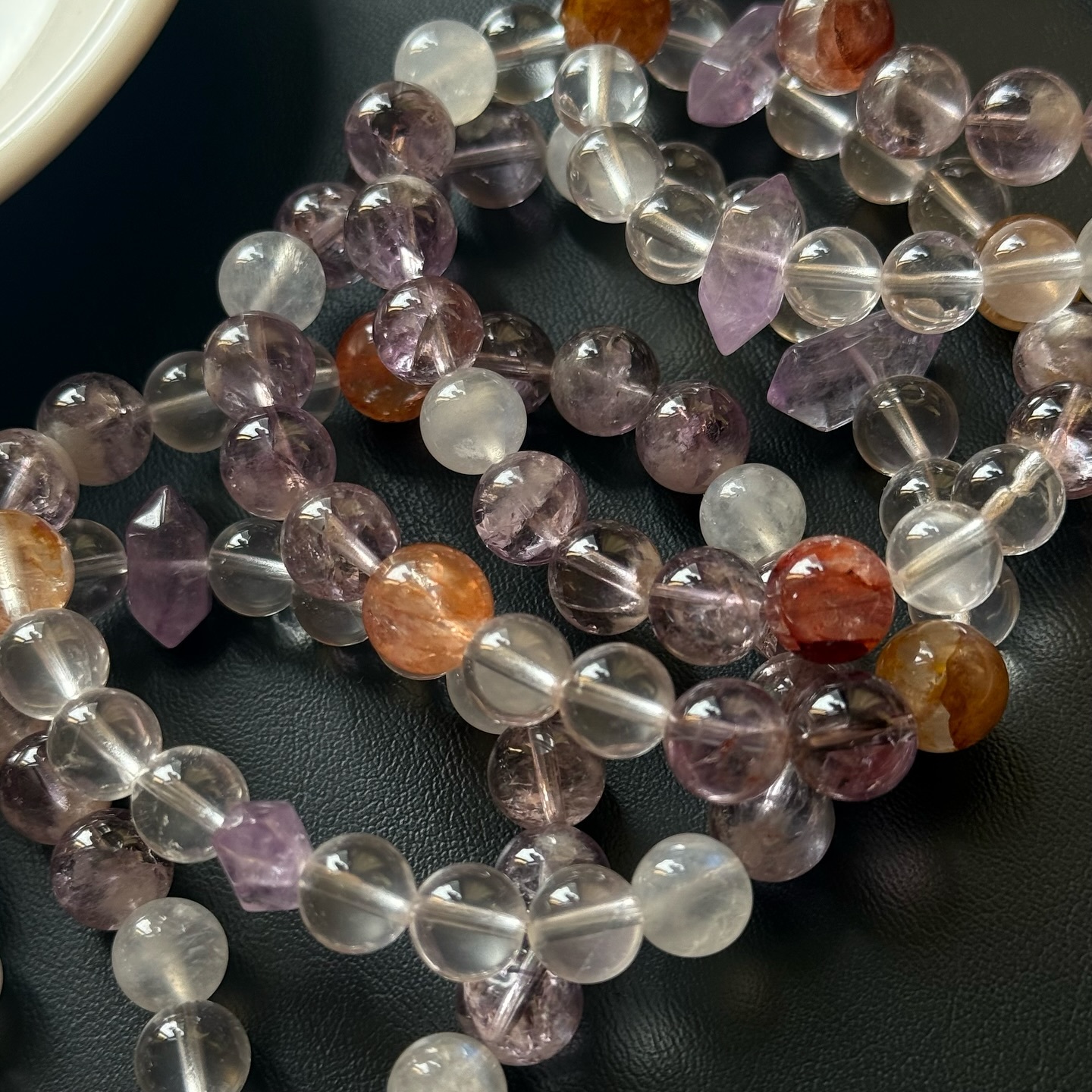 [原石] 紫阿賽＋月光石＋膠花水晶＋星光粉晶 設計款水晶手串