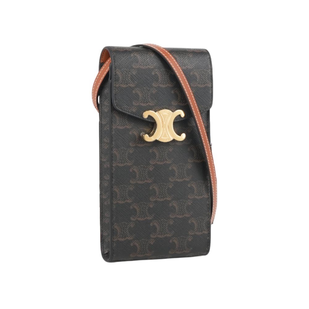 【CÉLINE】Triomphe 金釦塗層帆布釦式手機包(棕褐色)