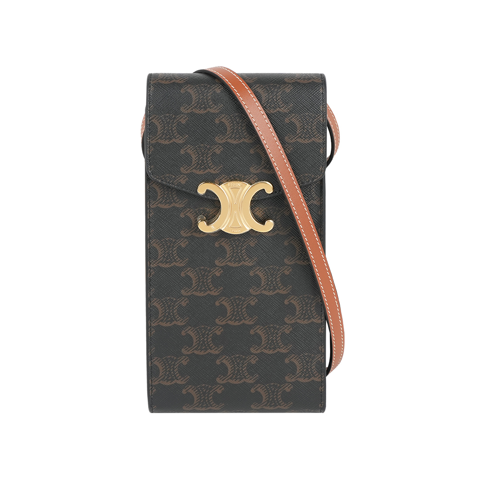 【CÉLINE】Triomphe 金釦塗層帆布釦式手機包(棕褐色)