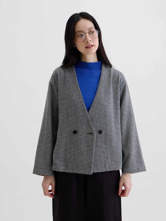 溫莎大V無領雙釦外套-黑色小千鳥