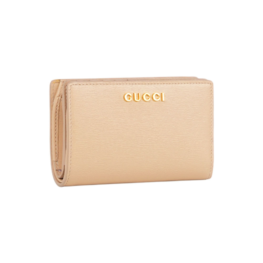 【GUCCI】金字Logo 拉鍊零錢袋暗釦二折中夾(裸粉色)