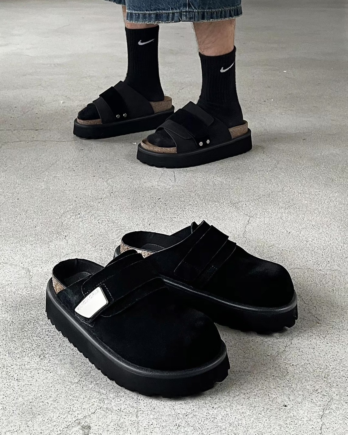 <帥OMG>HANQIAORIJI 牛皮反絨皮 麂皮 EVA 包頭 勃肯 增高5.5cm 鐵片 黑色