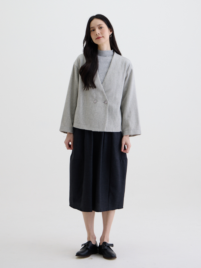 溫莎大V無領雙釦外套-灰色小千鳥