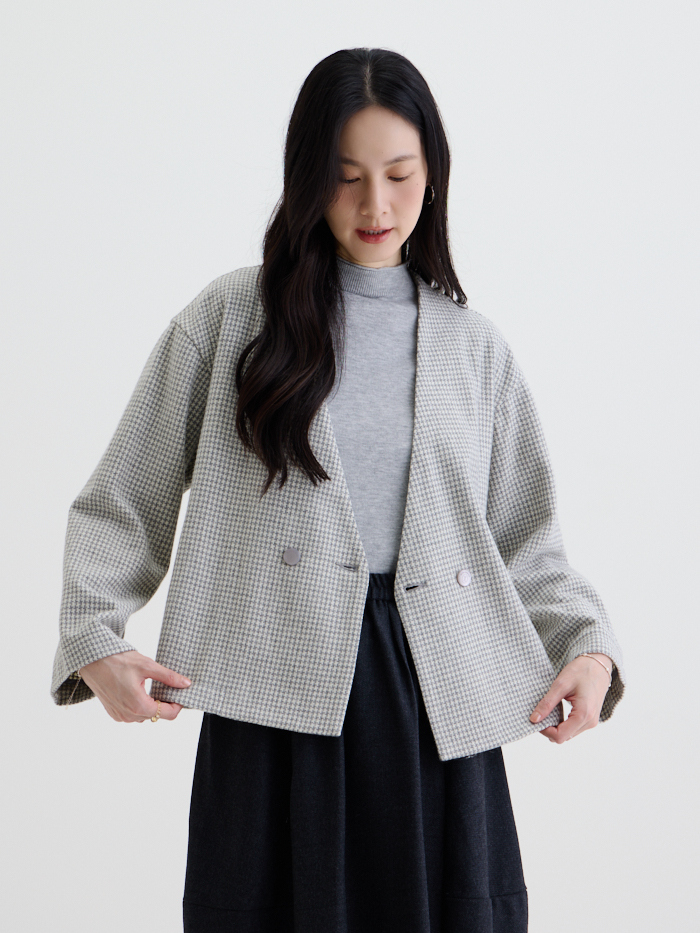 溫莎大V無領雙釦外套-灰色小千鳥