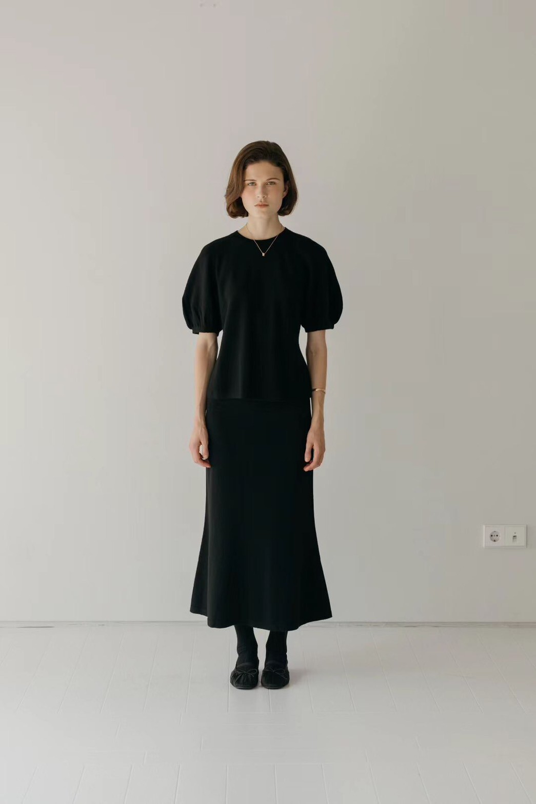 後排釦造型圓領澎澎袖上衣+魚尾長裙SET-S-M / 3色