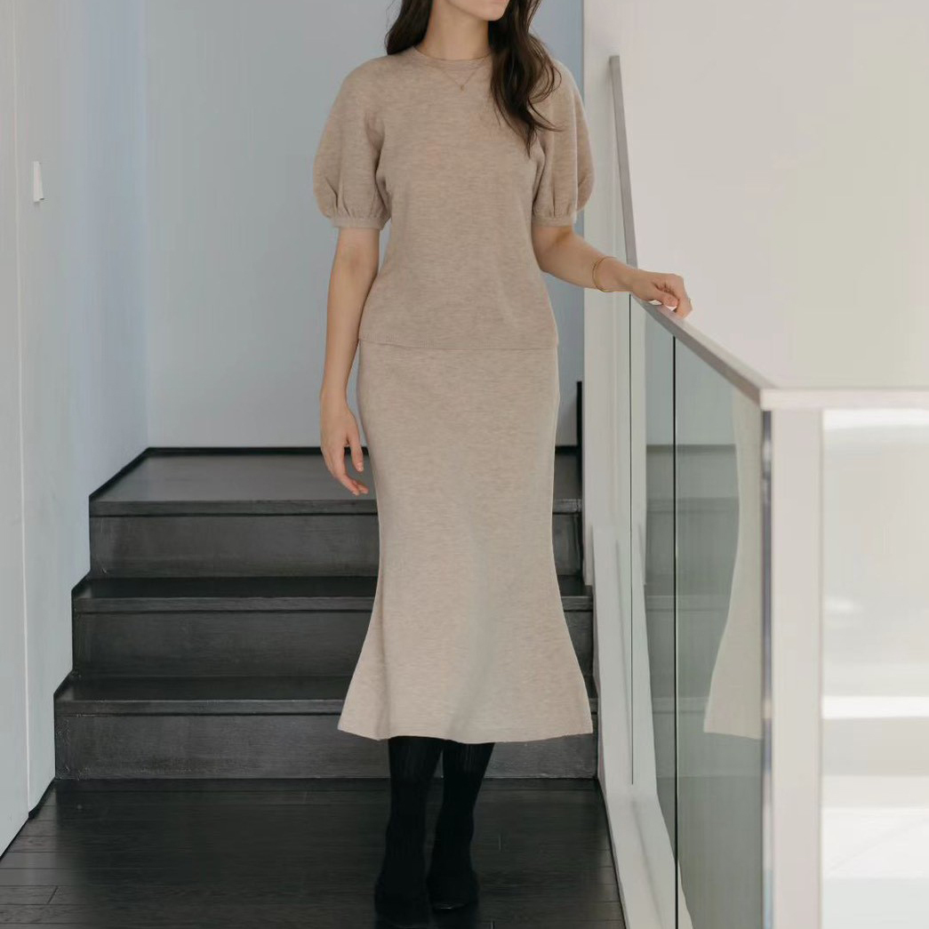 後排釦造型圓領澎澎袖上衣+魚尾長裙SET-S-M / 3色