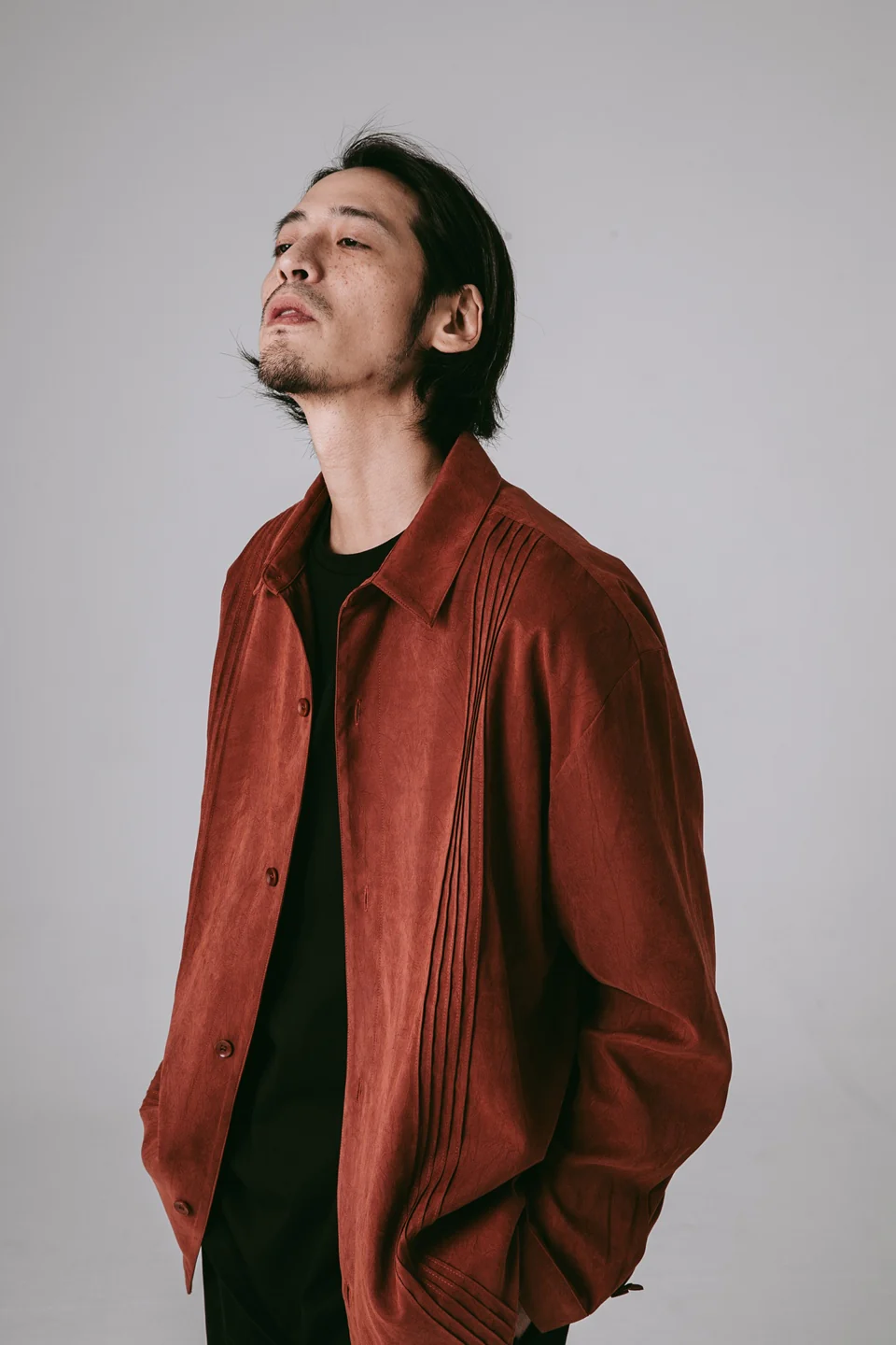 JIN-EASTERNAU Embossed 風琴摺長襯衫-紅色