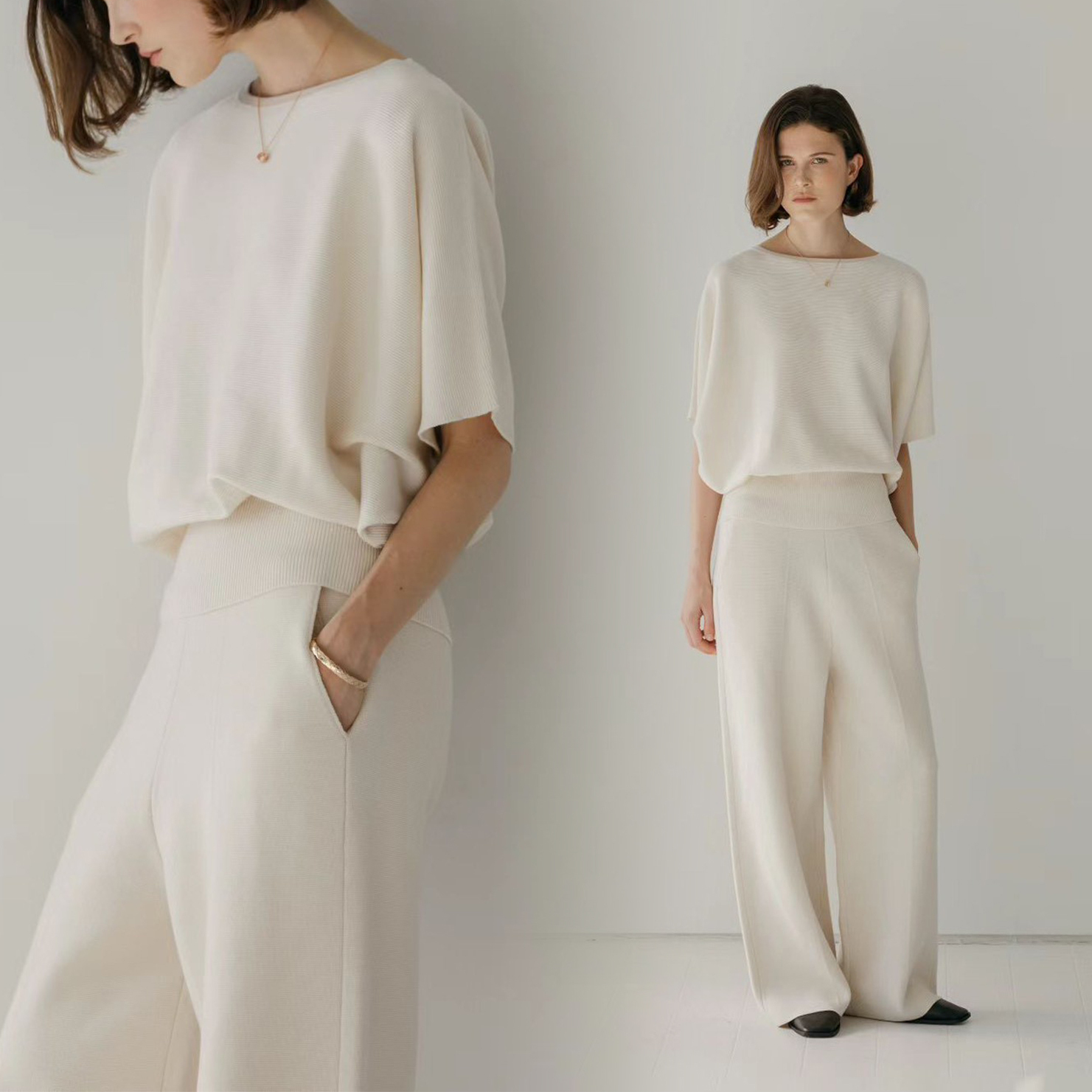 高腰內綁帶造型螺紋針織褲長褲-F / 3色