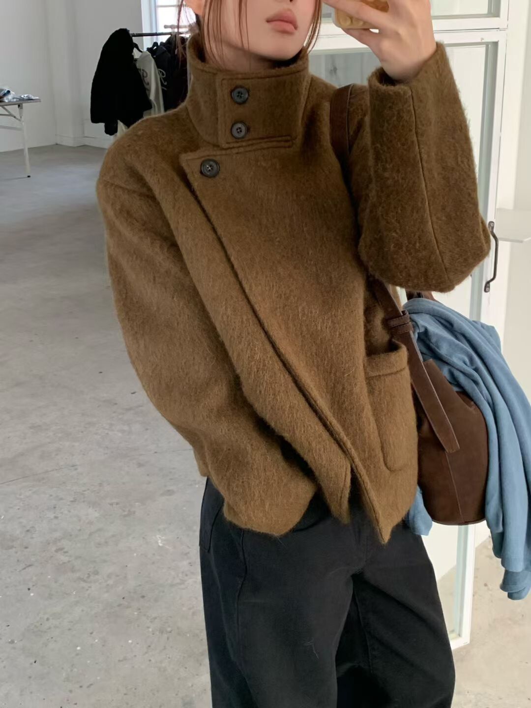 時髦感排釦立領造型羊毛短大衣外套 / 3色