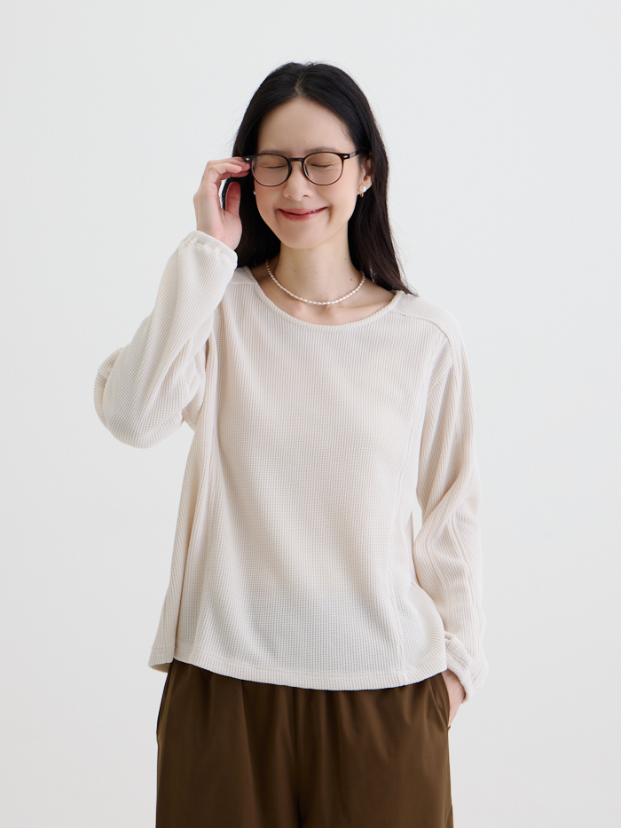 鬆餅格紋長袖剪接上衣-沐陽