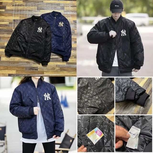 MLB NY洋基隊滿印立領棒球服飛行夾克情侶款棉服 -2203796