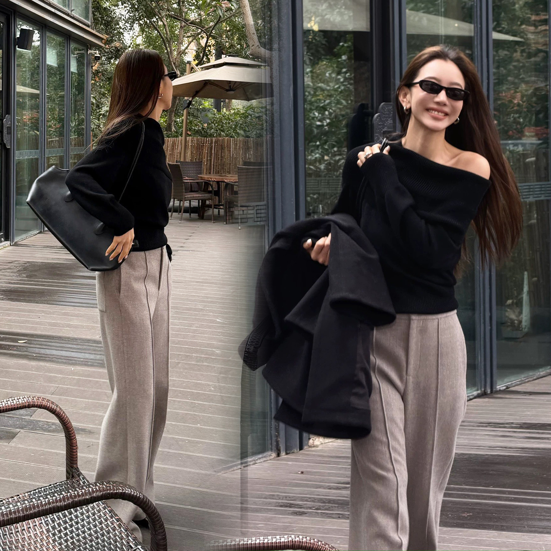 質感灰壓中線毛呢西裝褲長褲-S-L (Elegant & Love)