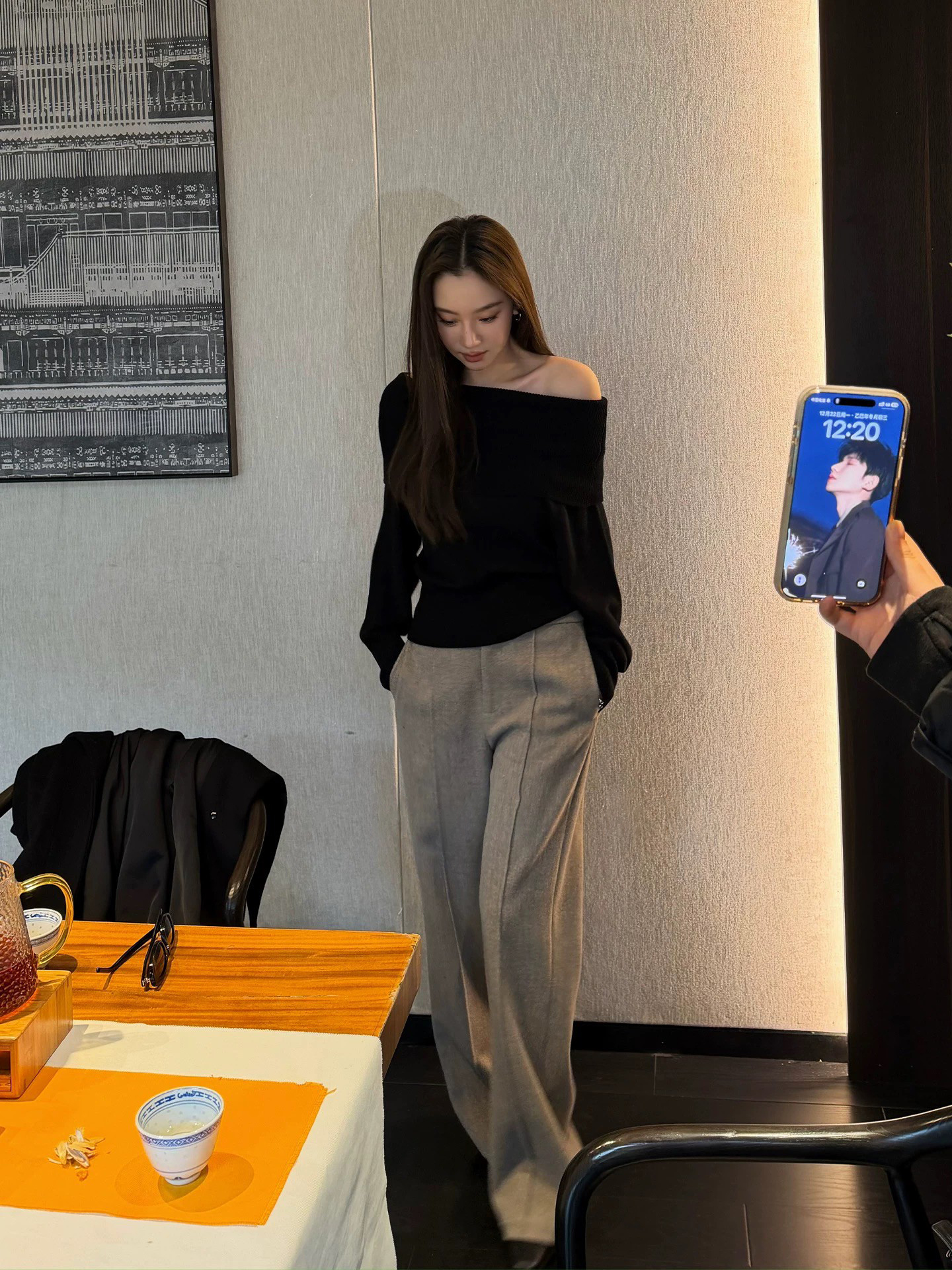 質感灰壓中線毛呢西裝褲長褲-S-L (Elegant & Love)