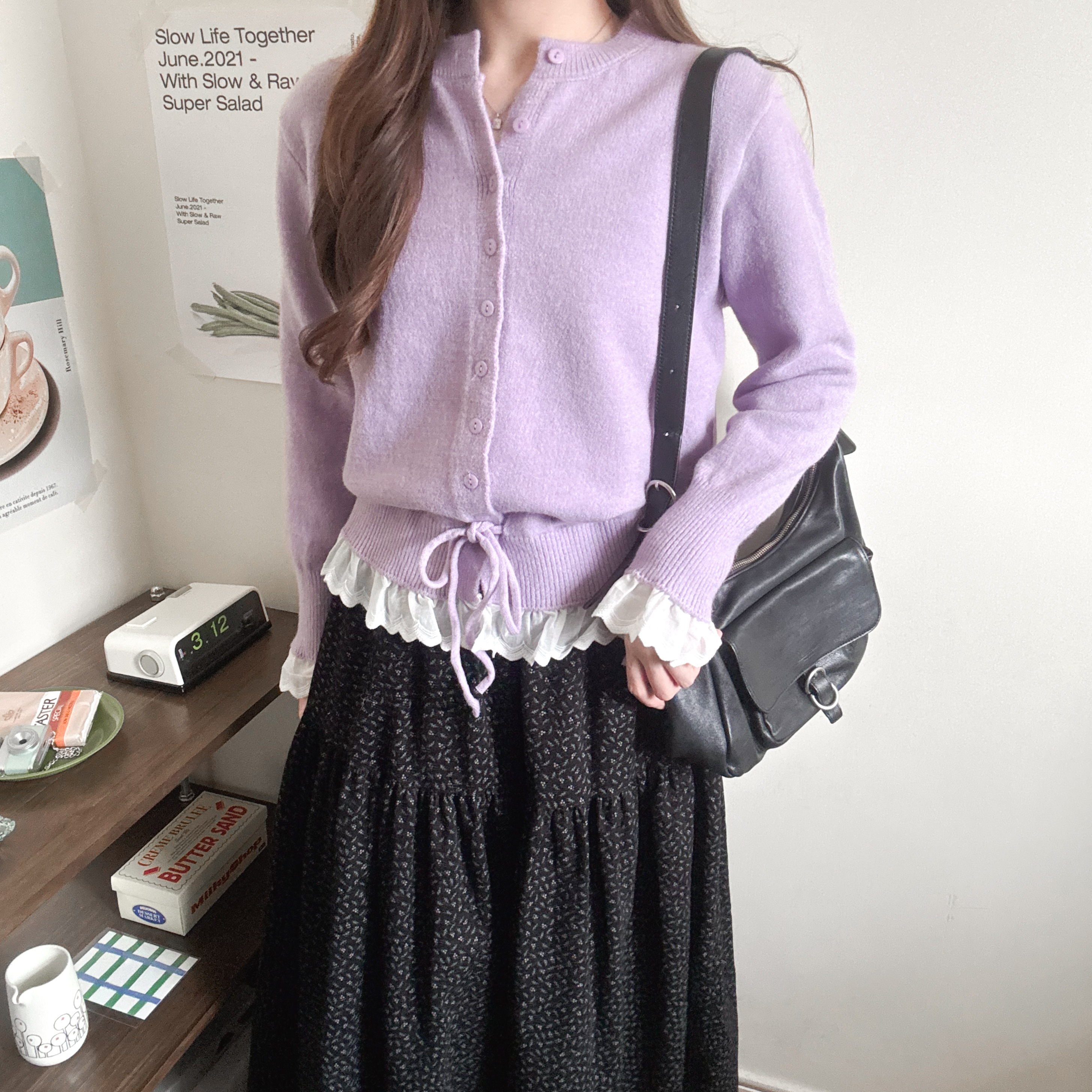 Ruffles束腰cardigan