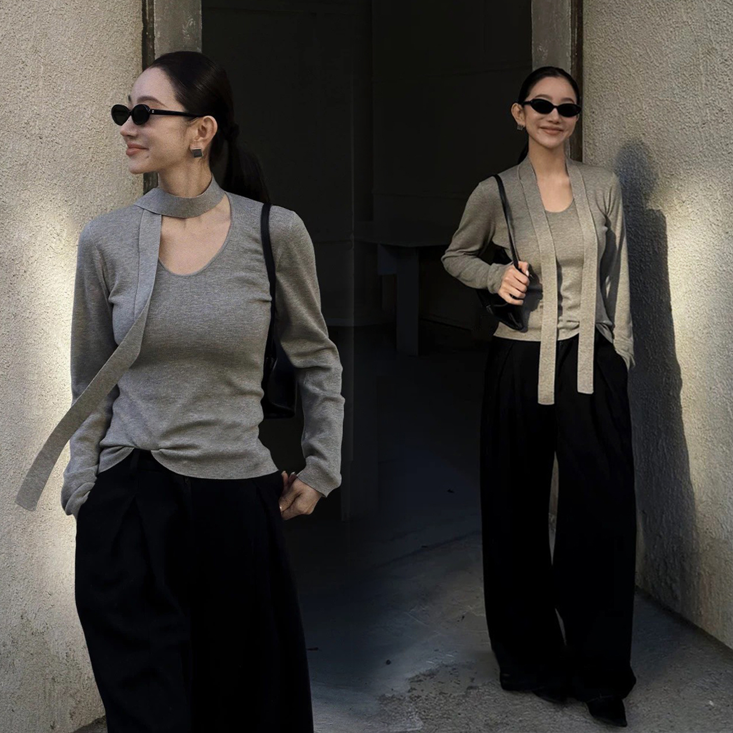 繞脖領巾造型圓領螺紋上衣-S-L / 4色 (Elegant & Love)