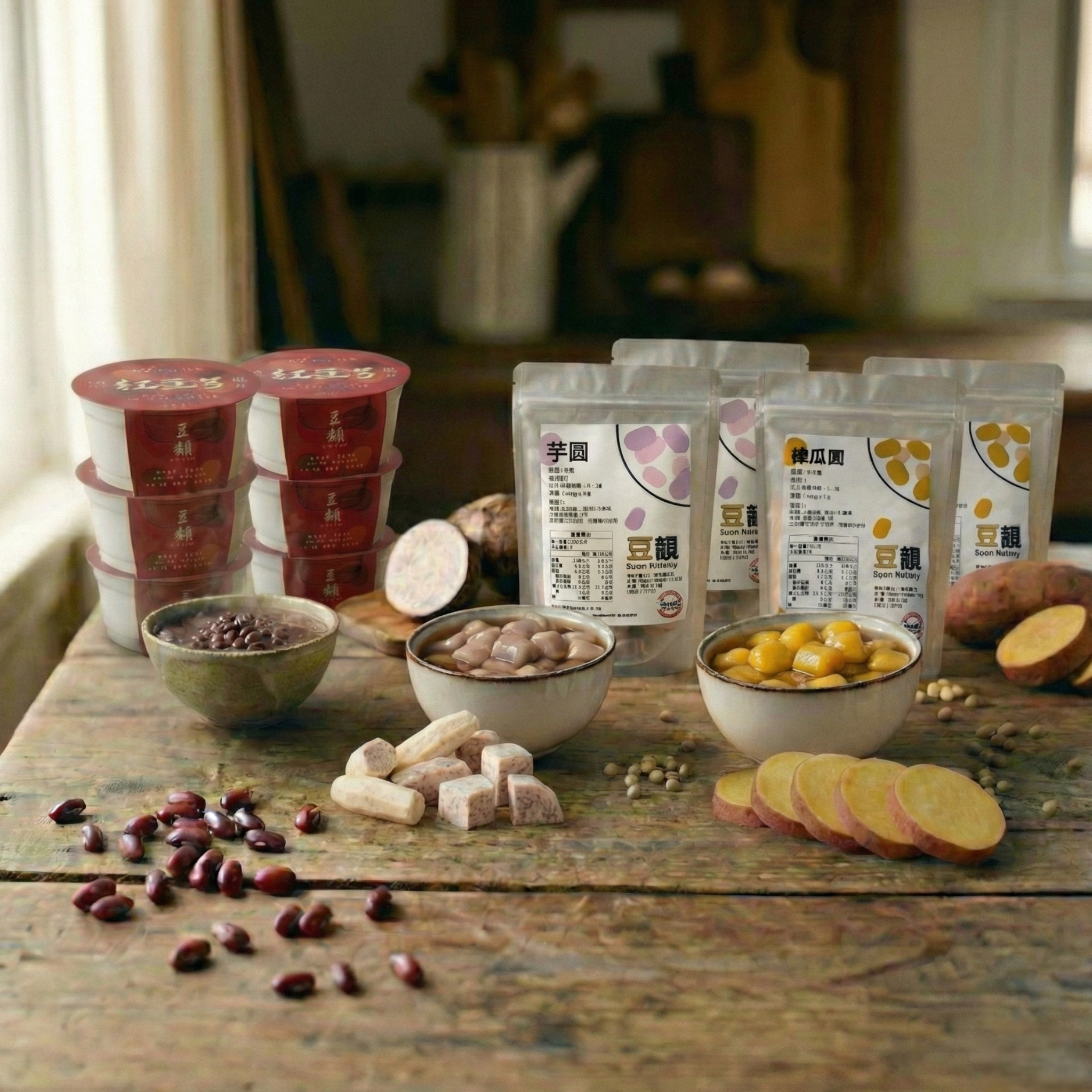 【豆韻暖心分享免運組】慢熬紅豆湯(6入) + 芋圓地瓜圓(各2包)｜全家共享免運組