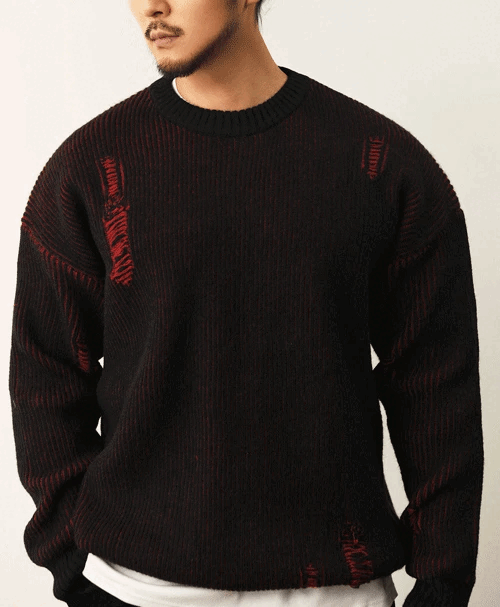 雙色破洞圓領針織衫