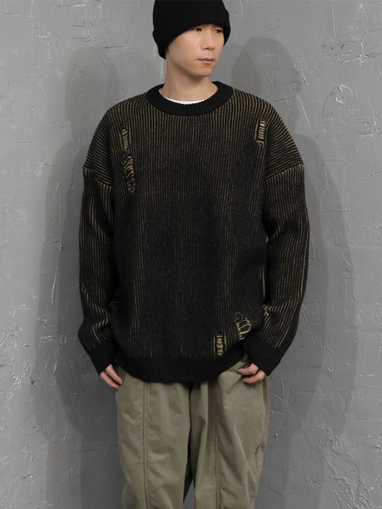 雙色破洞圓領針織衫