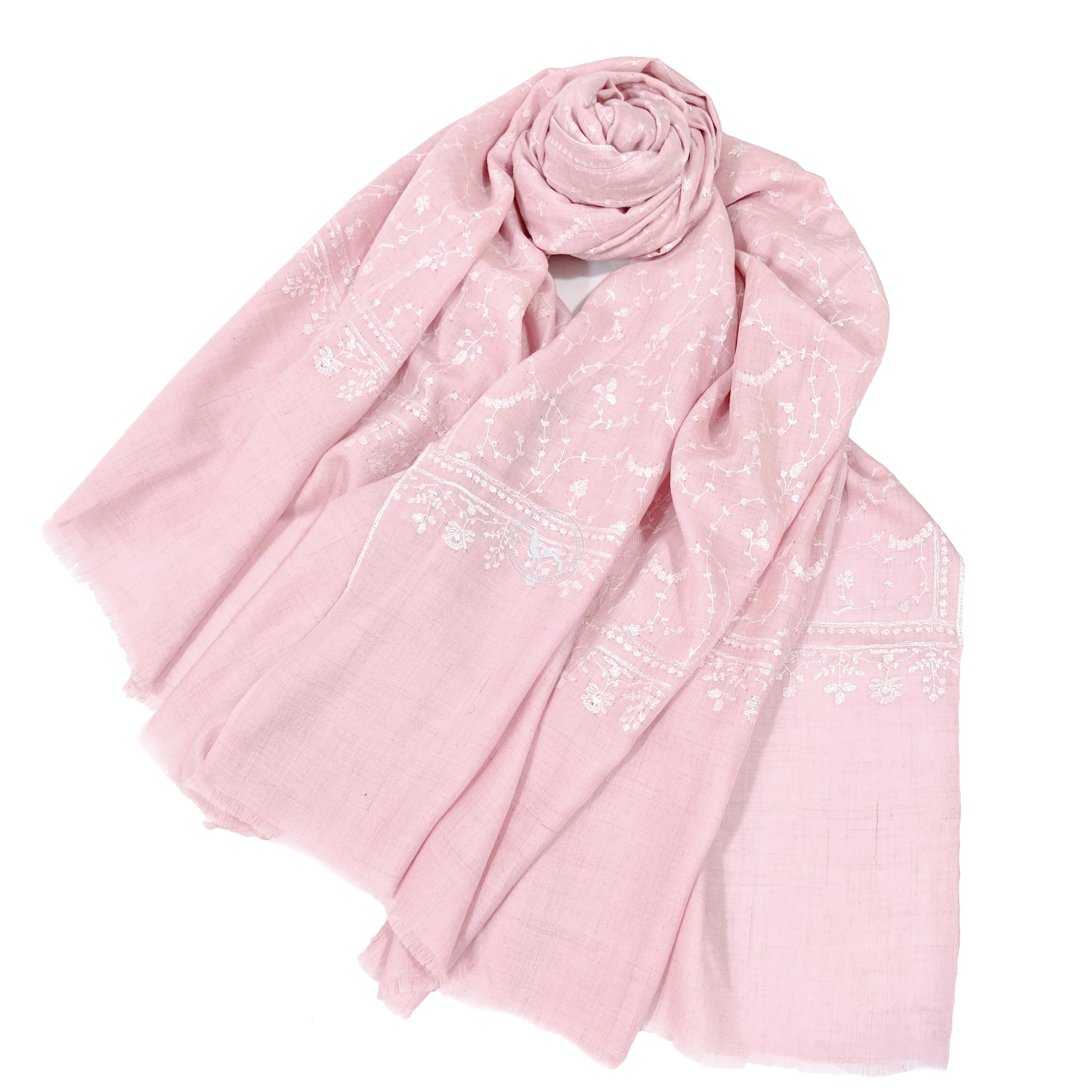 淺粉紅色索茲尼刺繡頸部羊絨披肩圍巾