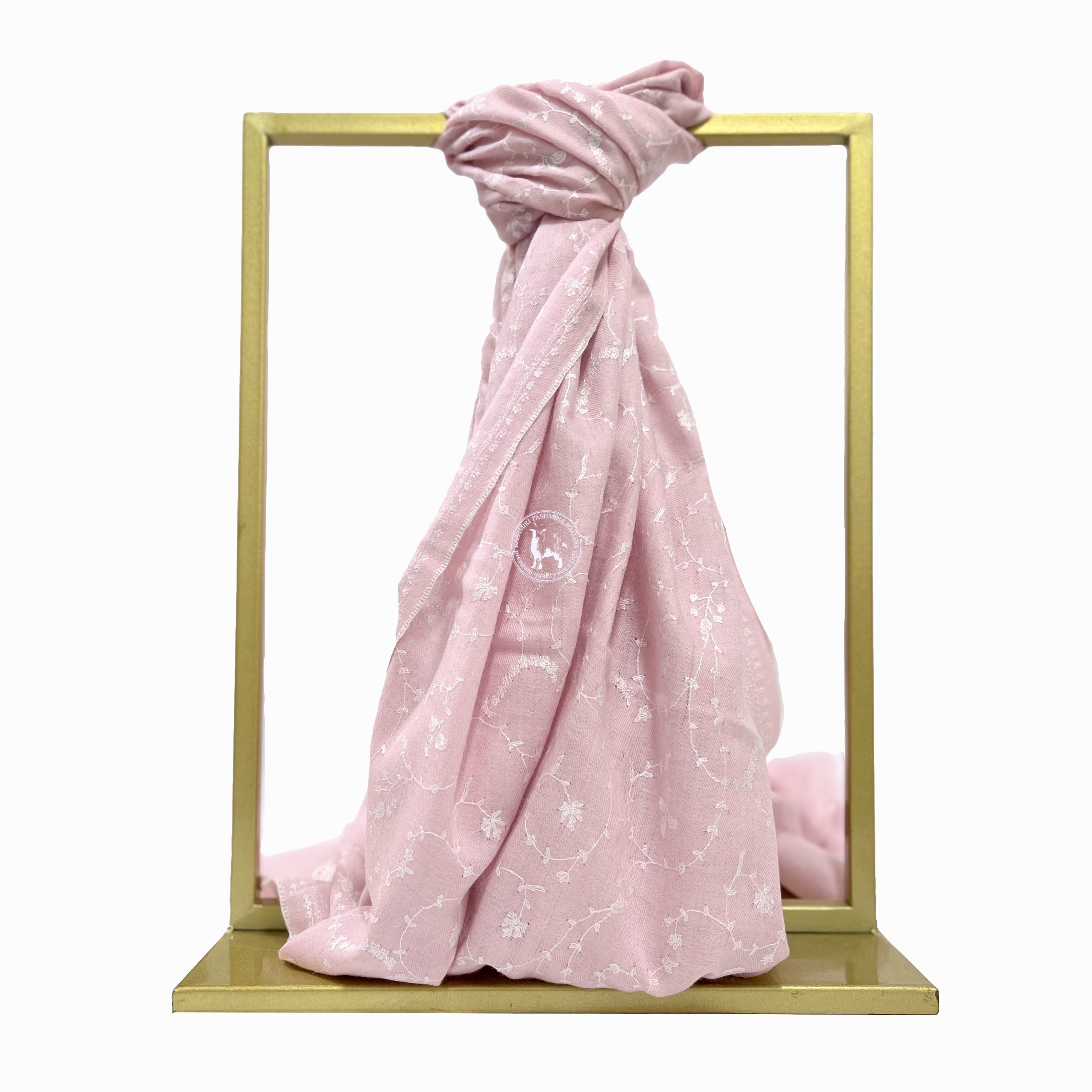 淺粉紅色索茲尼刺繡頸部羊絨披肩圍巾