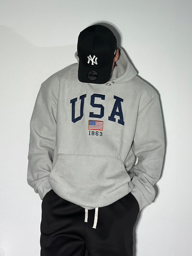 USA 刺繡抓絨連帽衫