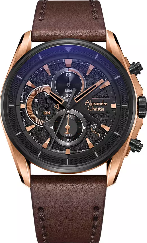 萬年鐘錶 - Alexandre Christie  玫瑰金黑色錶盤棕色皮革錶帶男錶  AC手錶 6662MCLBRBA 錶徑43.3MM