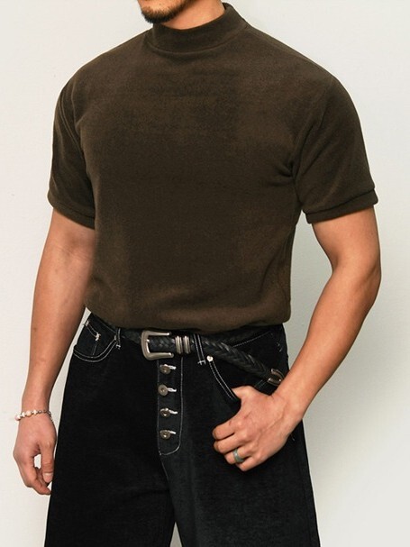 修身抓絨半領T恤