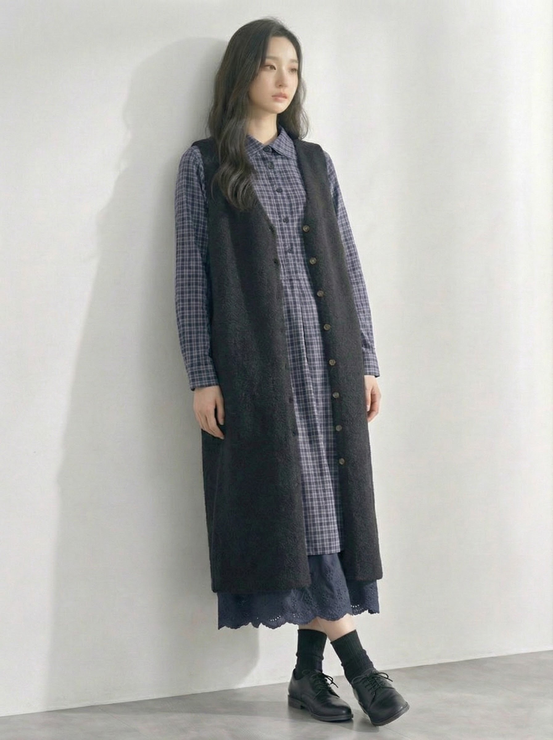 排釦吊帶針織背心格紋半開襟洋裝組合