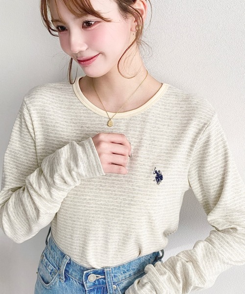 日本🇯🇵連線 Moment+ x U.S. POLO ASSN. 細細線條刺繡長袖T恤 刺繡 線條 條紋 休閒 長袖 T恤 5色(任買兩件711免運)/預購