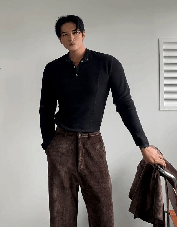 按扣開襟亨利領切割長袖T卹