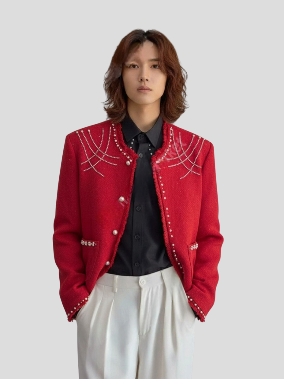 珍珠飾毛邊紋理小香外套