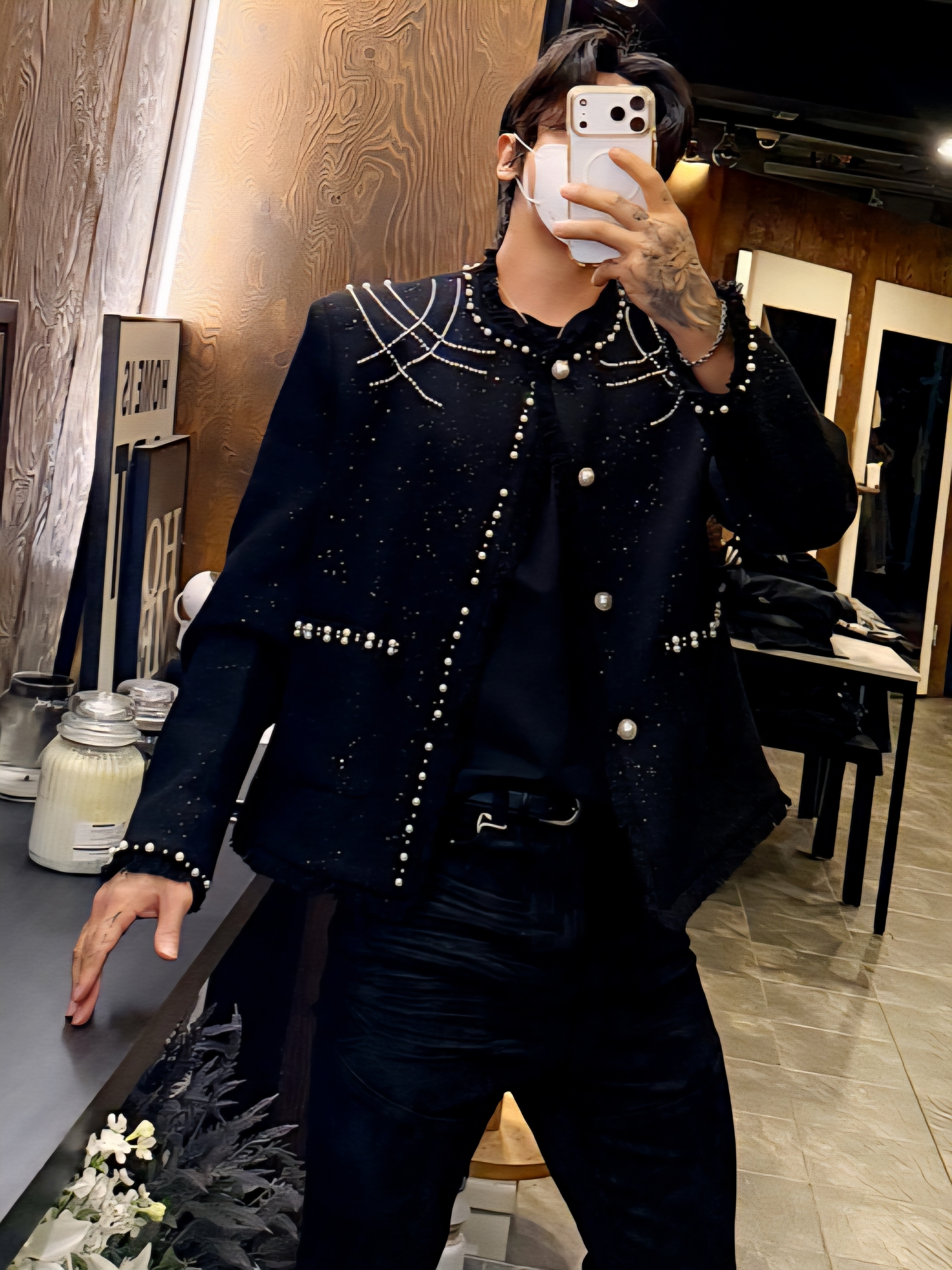 珍珠飾毛邊紋理小香外套