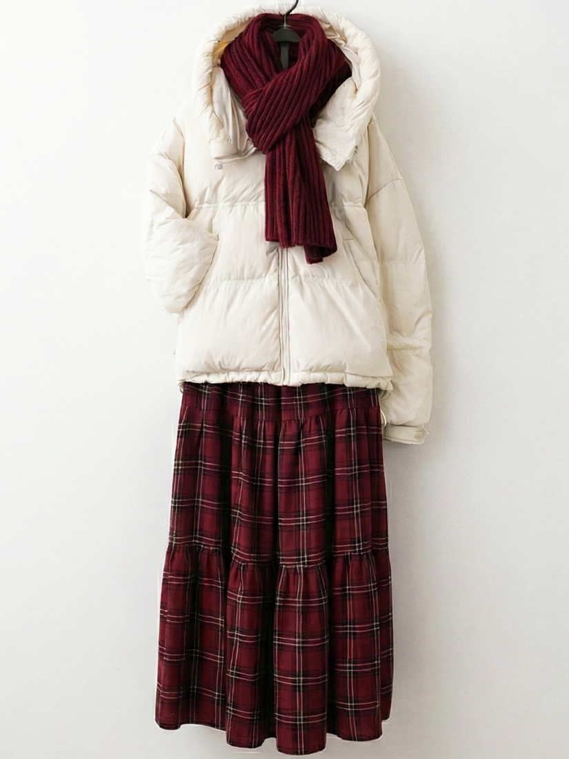 保暖連帽羽絨短外套格紋法蘭絨蛋糕裙組合