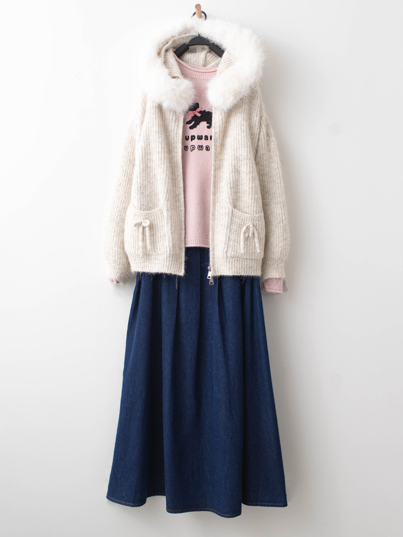 連帽針織外套捲邊針織毛衣A字牛仔裙組合