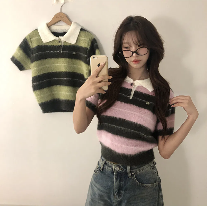 秋冬預訂｜STRIPE吊墜休閒針織短袖衫
