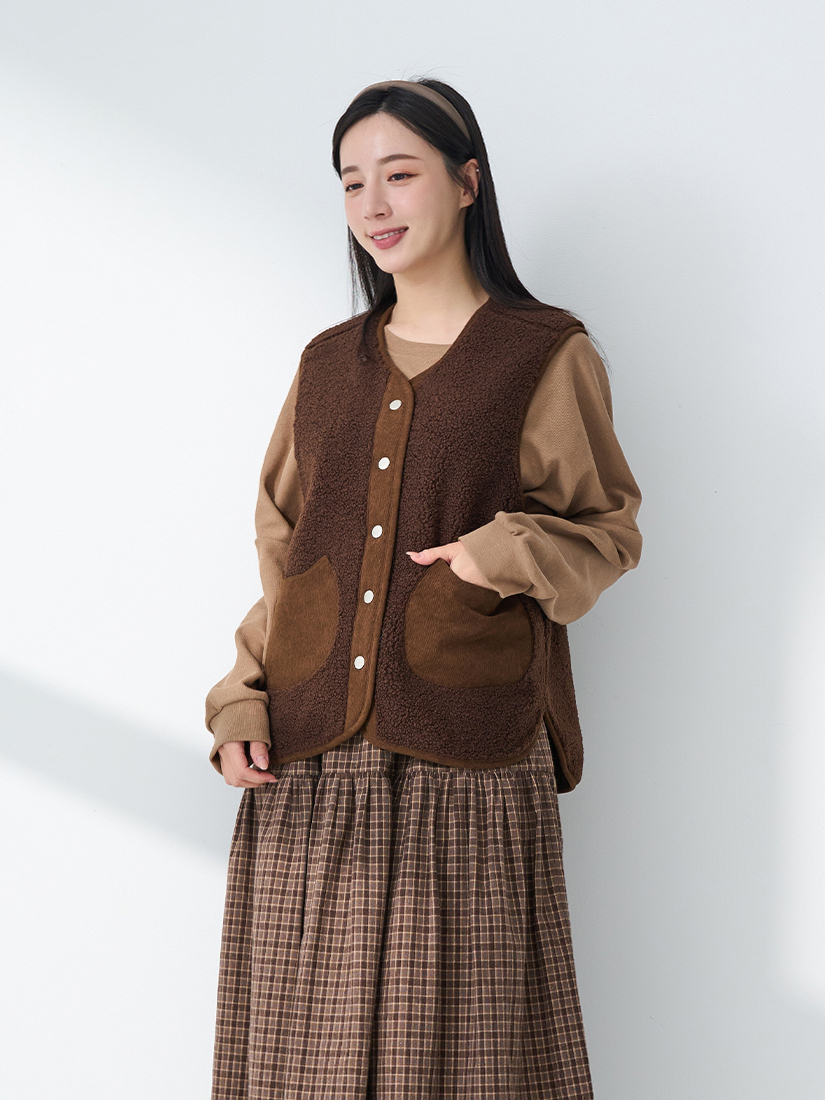 搖粒絨貓咪背心素面上衣輕磨毛格紋八分裙組合
