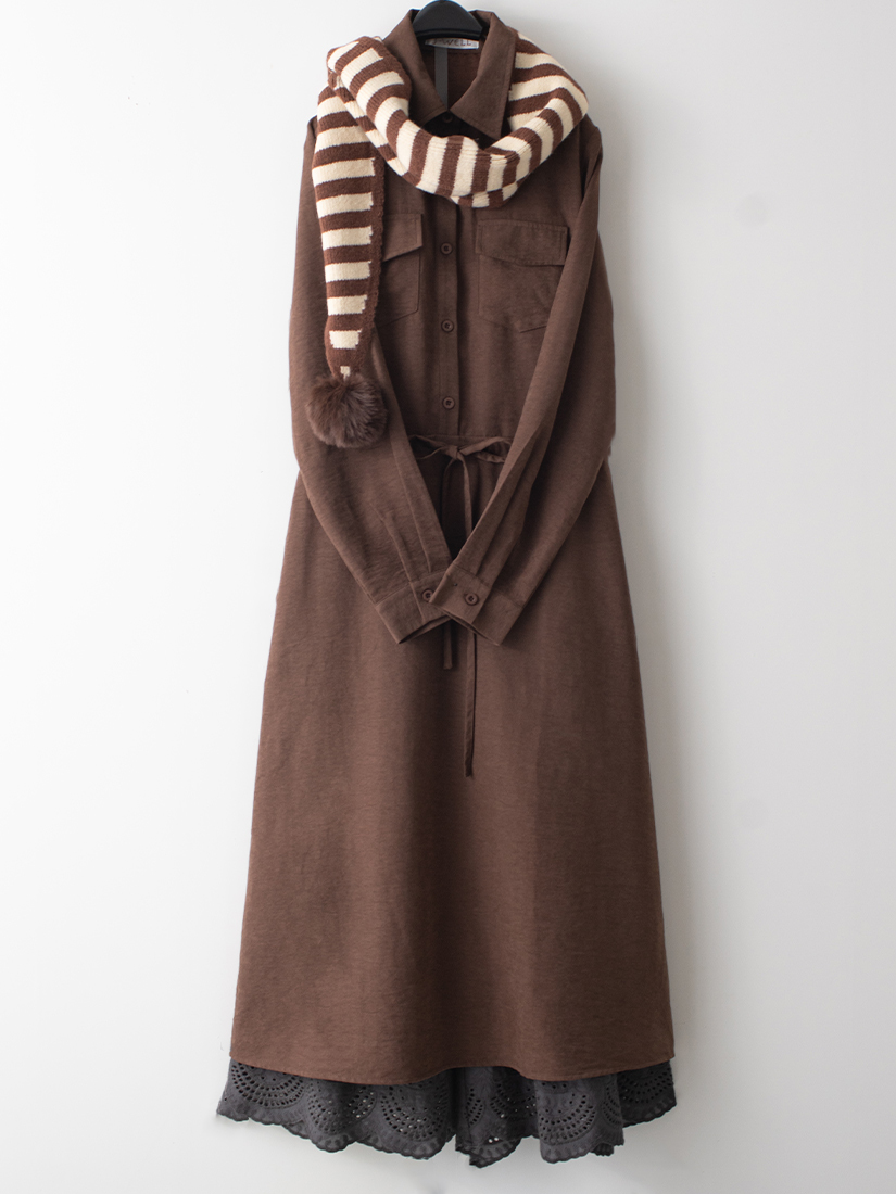 質感桃面絨綁帶洋裝繡花純棉寬褲組合