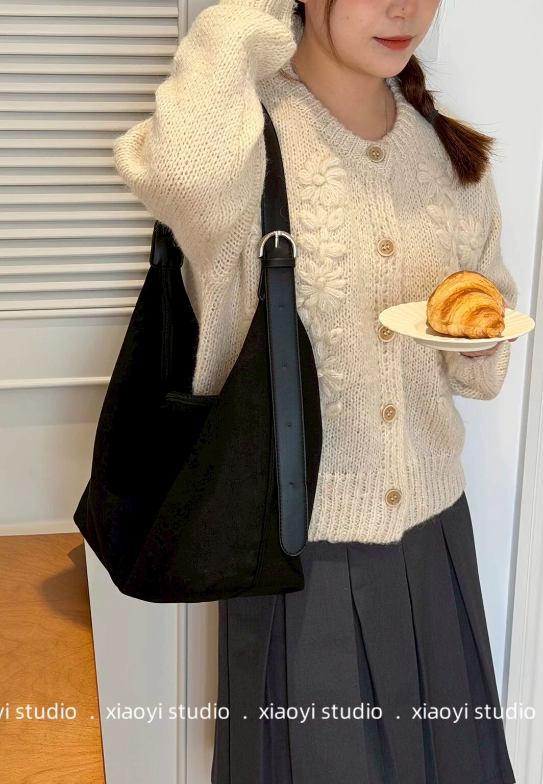 肩皮革車線絨布包包