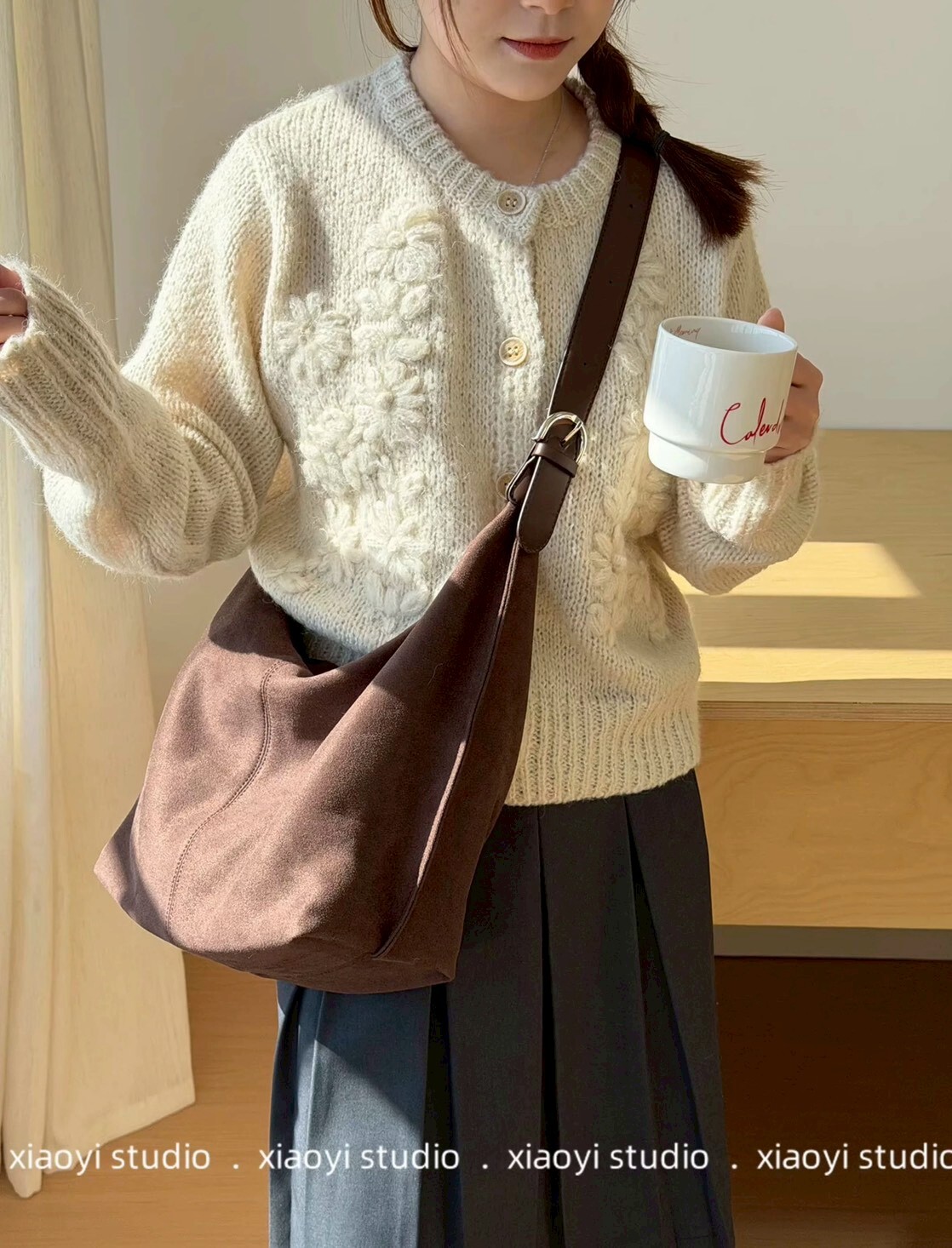 肩皮革車線絨布包包