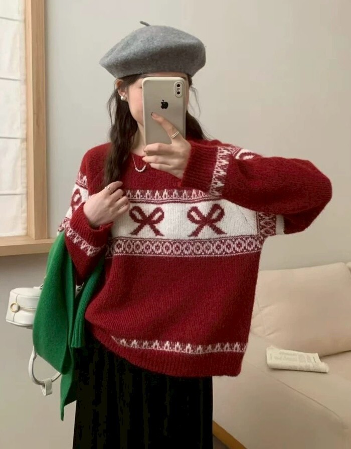 蝴蝶結滾邊印花毛衣